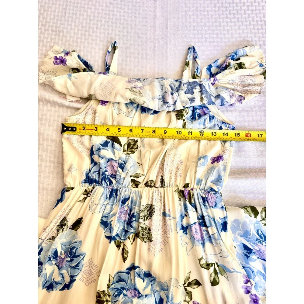 Justice Girls Size 14 Floral Maxi Dress Cold Shoulder Boho Blue Rose Cream NEW